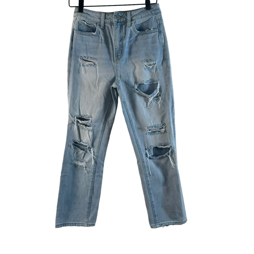 Vervet Womens Straight Leg Jeans Light Wash High Rise Distressed Raw Hem 25
